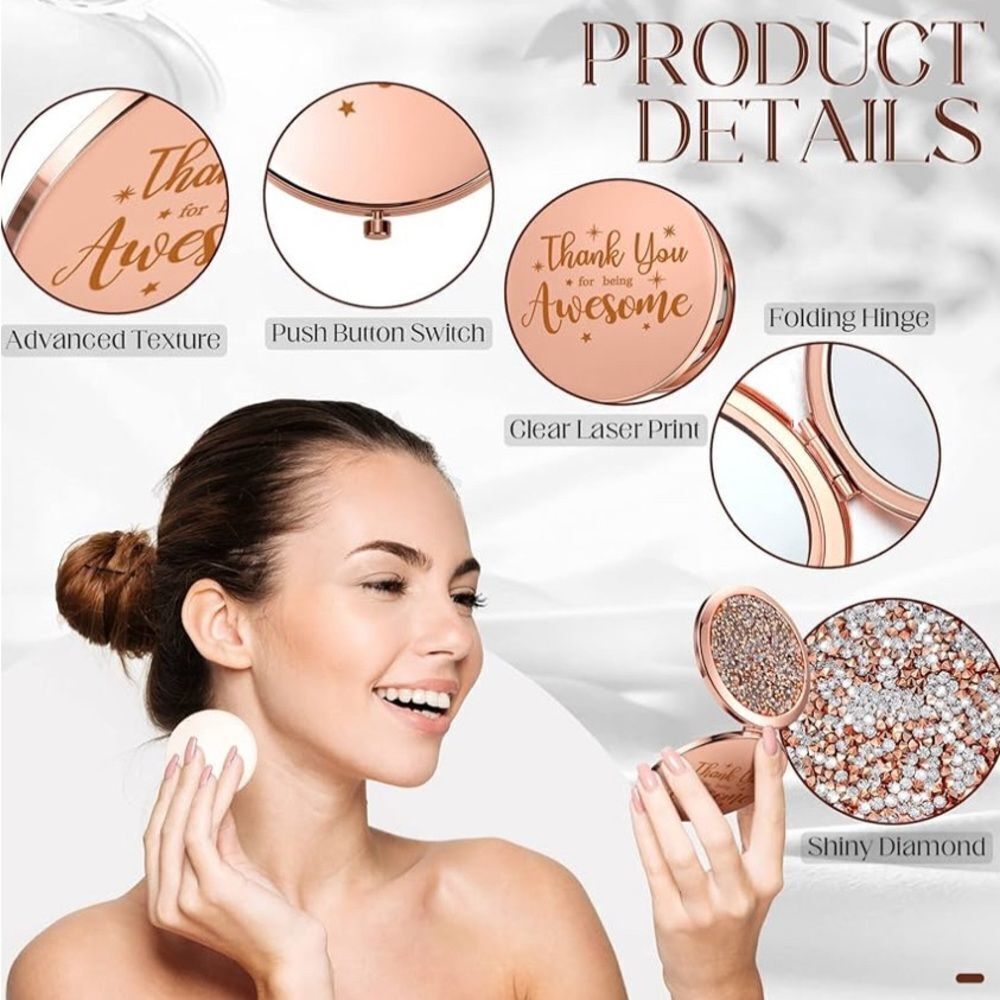 Box of 6 Rose Gold Compact Mirror “Thank You For Being Awesome” with rhinestones - Picture 5 of 5